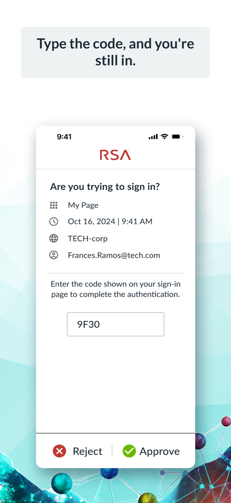 RSA Authenticator (SecurID) - Interfaccia dell'app RSA Authenticator che visualizza una richiesta di verifica di accesso con un codice e opzioni per approvare o rifiutare
