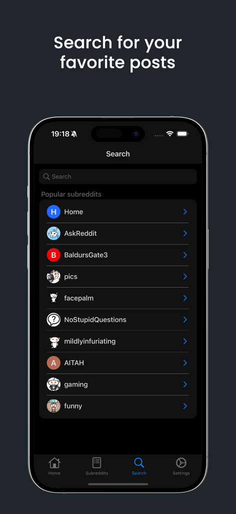 lurkur for reddit - Search screen of the lurkur for reddit app featuring popular subreddits in a dark mode interface