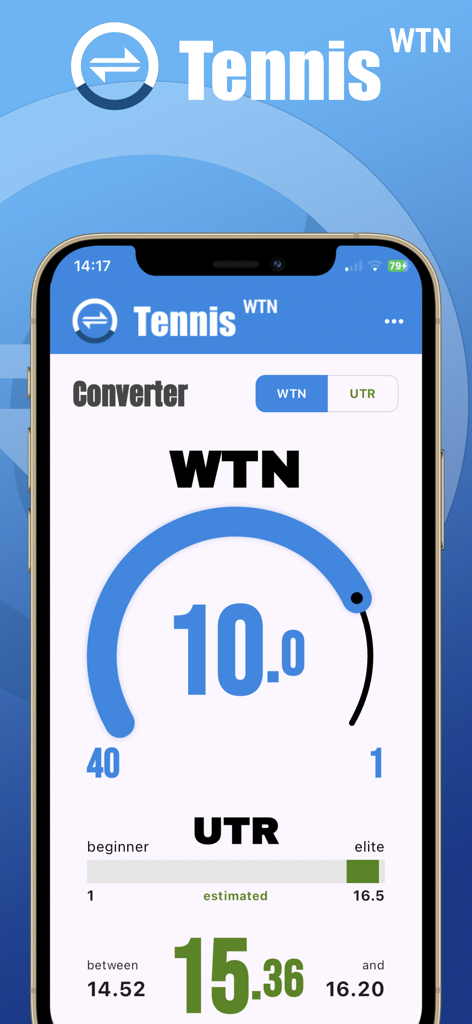 Tela do aplicativo conversor de classificação de tênis mostrando a conversão de WTN para UTR