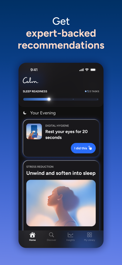 Calm Sleep - Rest & Relax - Calm Sleep app interface showing expert-backed sleep recommendations and evening routine tasks