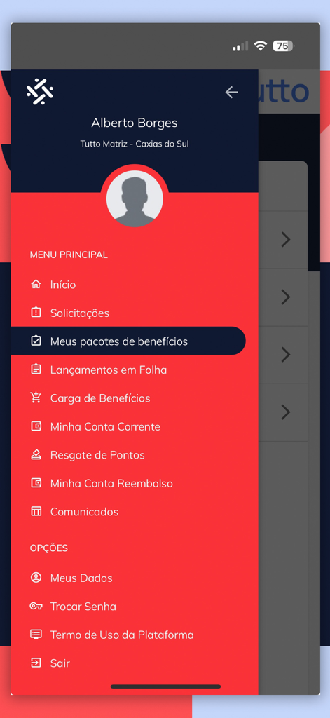 Plataforma Tutto - Menu lateral de navegação do aplicativo Plataforma Tutto mostrando benefícios do funcionário e opções de gerenciamento de RH