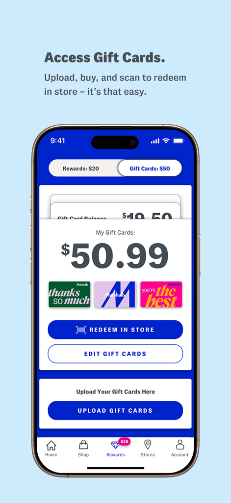 Marshalls Official - 店舗でのギフトカードの管理と利用のためのMarshallsアプリインターフェース