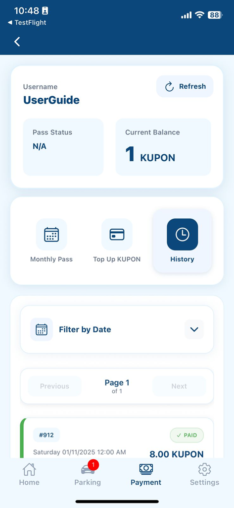 PINTAR Smart Parking App - PINTAR app payment history screen showing coupon balance and transaction list