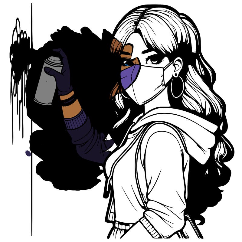 realistic girl with mask spray painting a wall