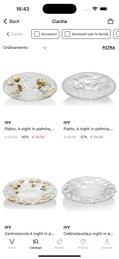 VENTIS - Fashion & Home Design - Mobile app screen of VENTIS showing a curated selection of IVV designer glass bowls and plates with discounts.