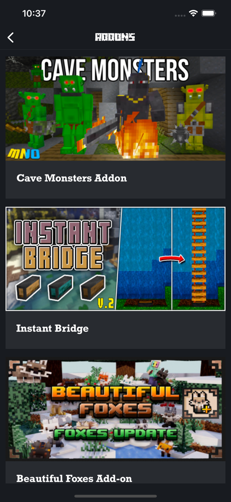 MCPE ADDONS FOR MINECRAFT PE . - Un menú que muestra varios addons de Minecraft PE, incluyendo Monstruos de Cueva y Zorros Hermosos