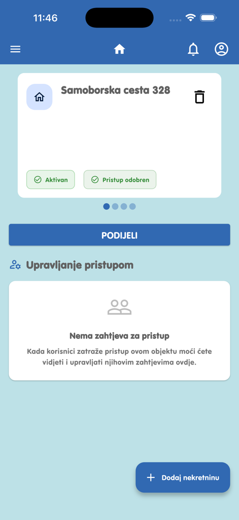 OtključajZG - Interfaz de usuario de la aplicación OtključajZG que muestra el estado de acceso a la propiedad y la gestión de contenedores de residuos.