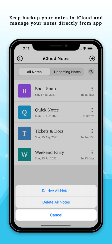 Interfaz de smartphone de Notepad Plus Pro que muestra una lista de notas sincronizadas con iCloud con opciones de gestión como recuperar y eliminar todas