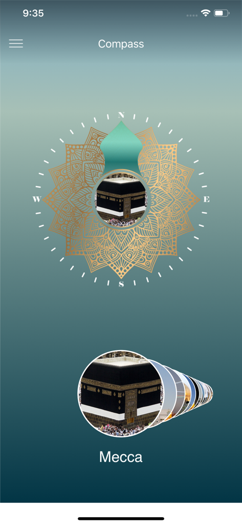 Digital compass in the Azangoo app pointing toward Mecca for Qibla direction