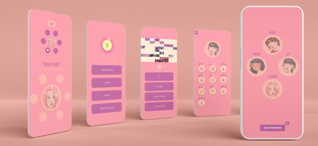 Interfaccia dell'app mobile ONCE fandom TWICE con vari minigiochi e quiz a tema rosa