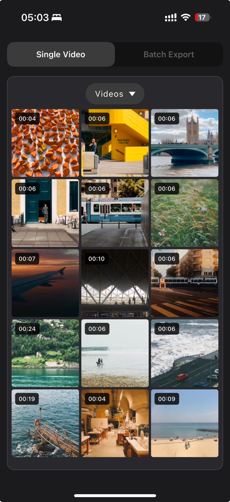 LiveCut: Video to Live Photos - LiveCutアプリのインターフェース。選択のために期間が表示されたビデオサムネイルのグリッドが表示されています。