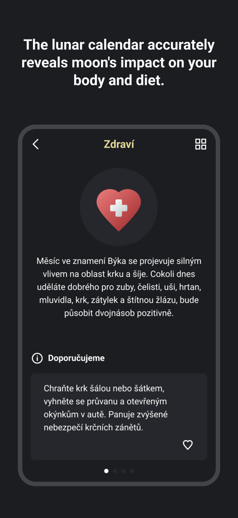 Lunarium: Diary & Calendar - 달의 달력이 신체 건강에 미치는 영향과 식이 요법 권장 사항을 보여주는 Lunarium 앱 스크린샷.