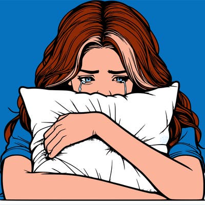 realistic teenager hiding her face in the pillow while crying