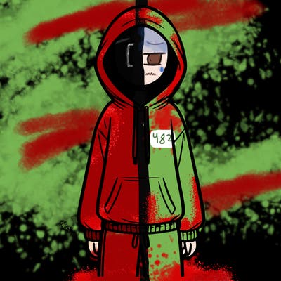 faceless girl in a tracksuit with a hood on and no hair