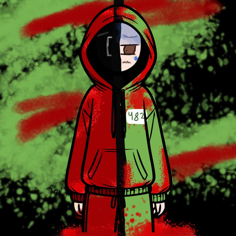 faceless girl in a tracksuit with a hood on and no hair