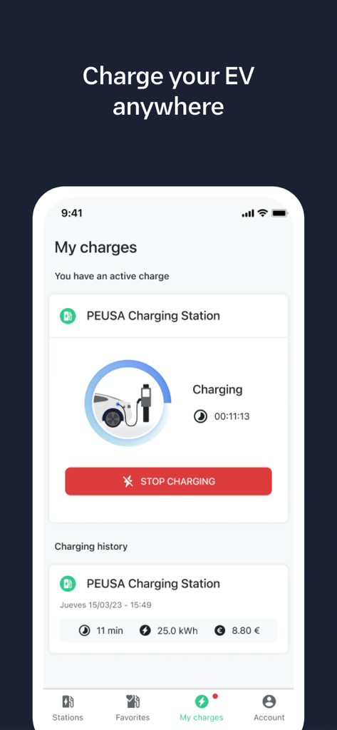 Electromaps: Charging stations - Mobile app screen showing an active EV charging session and a log of past charging history.