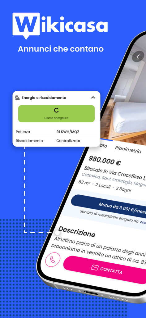 Wikicasa - Cerca e vendi casa - Smartphone screen showing a property listing on the Wikicasa app with price and energy efficiency rating