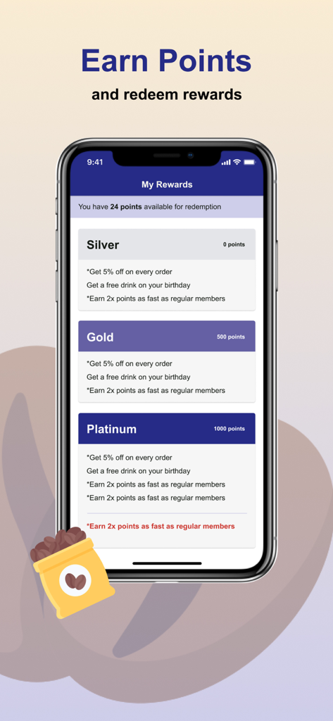 Pantalla de recompensas de la aplicación móvil Square Coffee que muestra los niveles de lealtad de plata, oro y platino y los puntos ganados