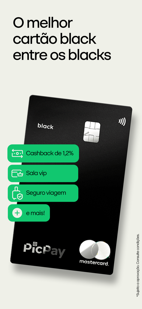 PicPay Mastercard Black mostrando benefícios premium como cashback, acesso a salas VIP e seguro de viagem