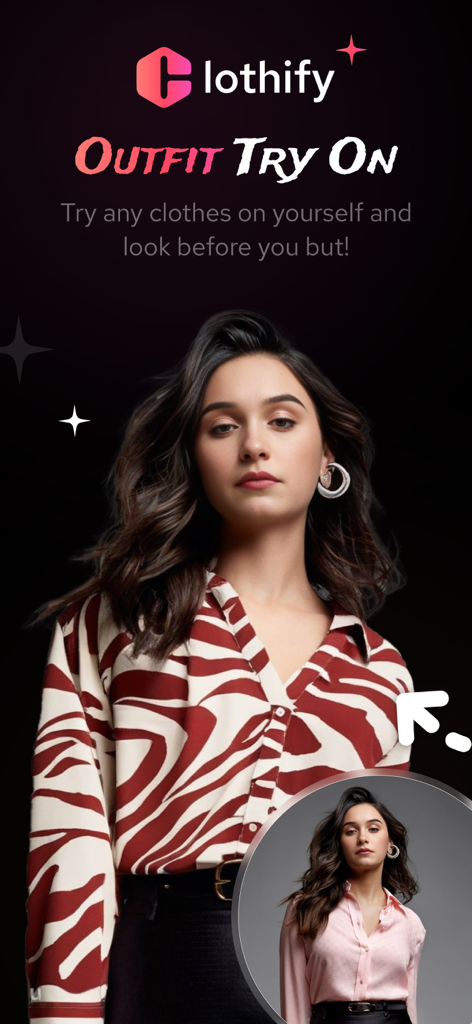 A woman using the AI Clothify app to virtually try on a zebra print shirt