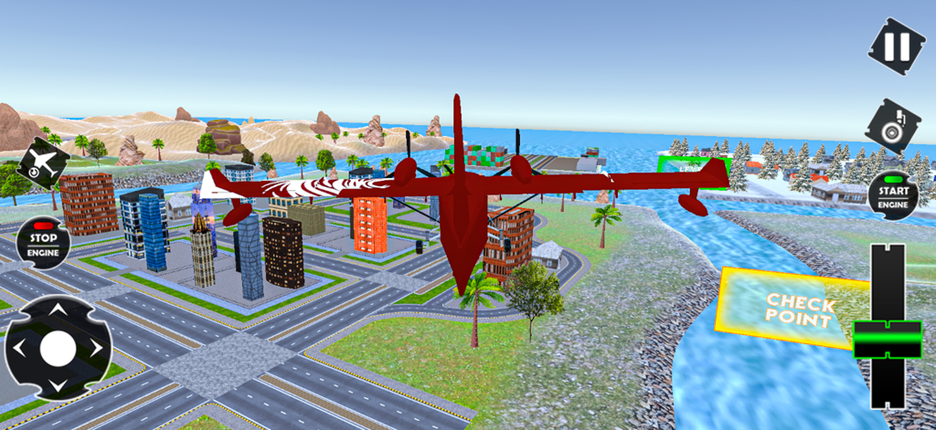 Airplane Simulator 3D Plane - A red airplane flying over a 3D city landscape in the Airplane Simulator 3D Plane game.