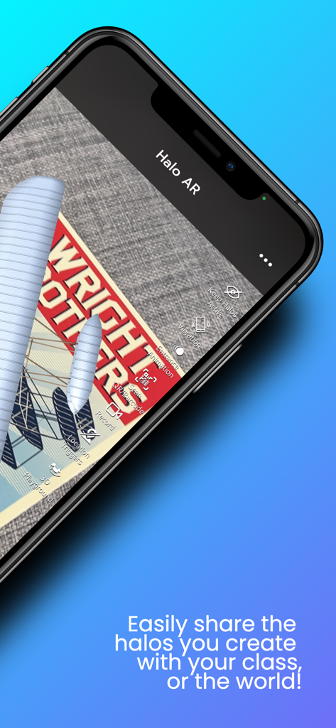 Teléfono inteligente mostrando un modelo 3D de avión en RA sobre un libro de los hermanos Wright usando Halo AR