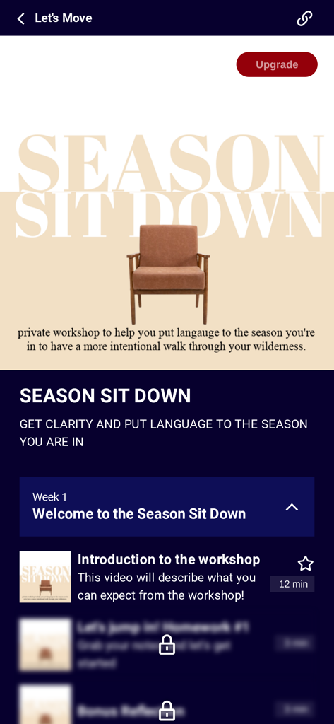 MOMENTUM+ - MOMENTUM plus app interface showing the Season Sit Down workshop for faith based personal development