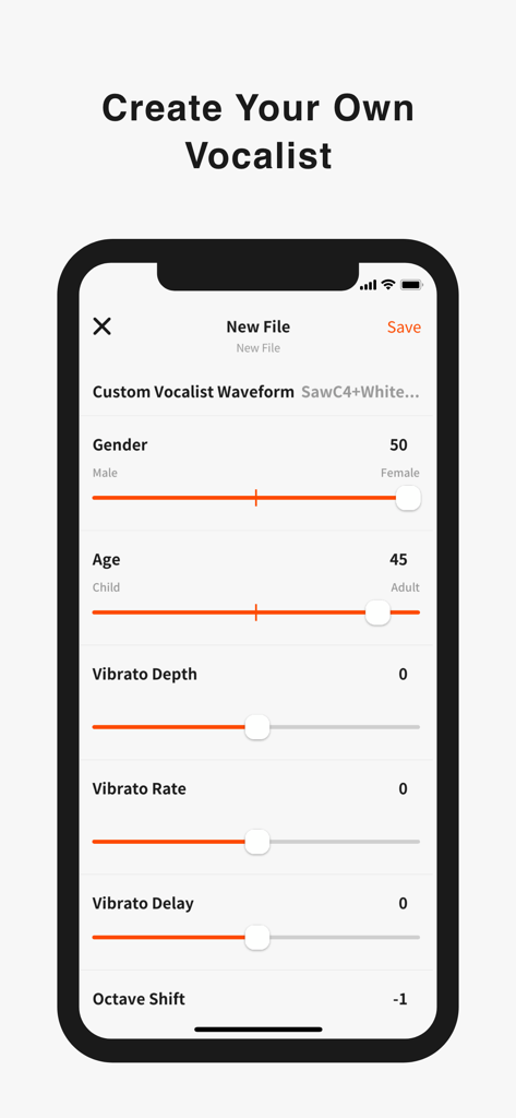 Lyric Creator - Interfaz de la aplicación Lyric Creator para personalizar un vocalista con controles de edad, género y vibrato