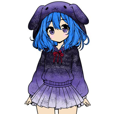 pretty anime girl wearing a fluffy hoodie with bunny ears on the hood and a skirt