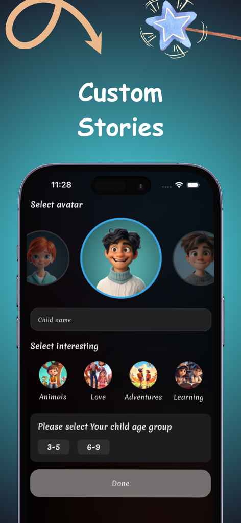 Dreamland: Create Kids Stories - Tela de configuração de história personalizada com seleção de avatar e opções de faixa etária