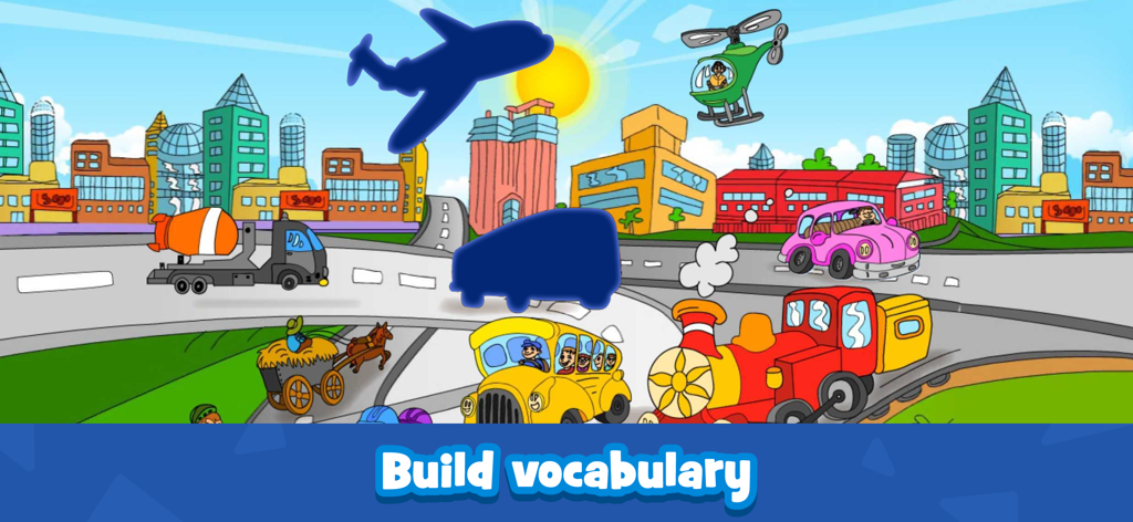 Toddler puzzle game screen showing a colorful city scene with vehicles and silhouettes to match for building vocabulary.