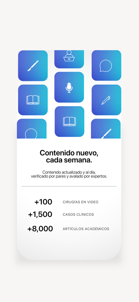 Medu - Interfaz de la aplicación Medu mostrando estadísticas de videos de cirugía, casos clínicos y artículos académicos con una cuadrícula de iconos médicos.