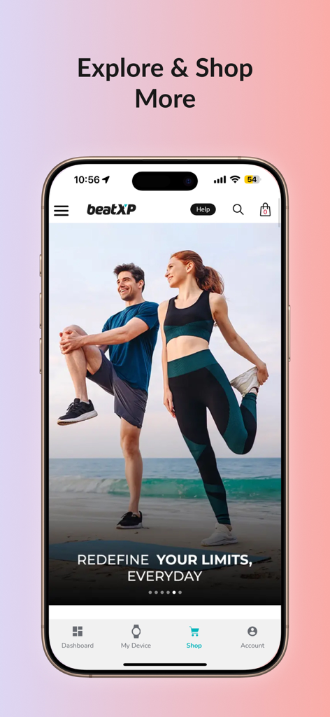 beatXP FIT/TRAK (official app) - Interface of the beatXP FIT/TRAK app showing the shop section with fitness lifestyle imagery and navigation menu.