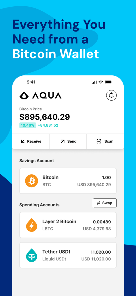 AQUA Wallet - Panel de la aplicación AQUA Wallet mostrando saldos de cuentas de Bitcoin y Tether USDt