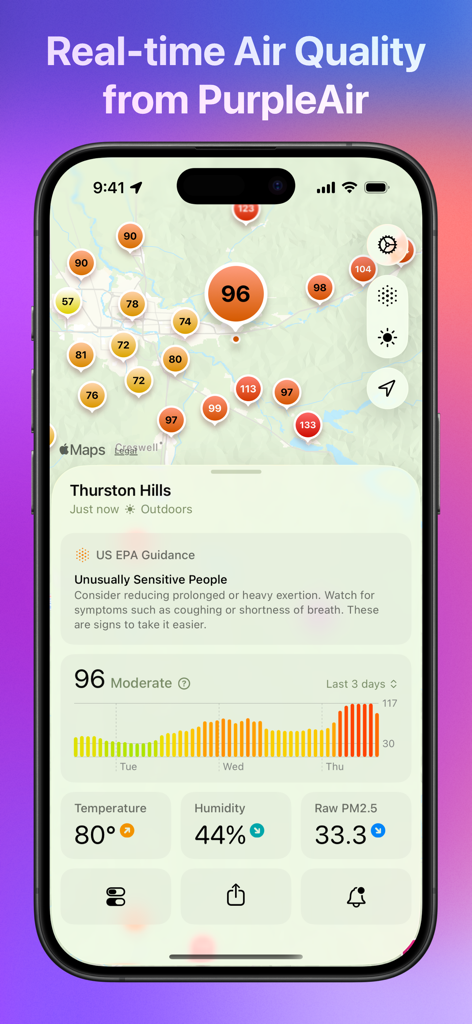 Paku for PurpleAir - Interfaz de la aplicación Paku que muestra el mapa del índice de calidad del aire en tiempo real y datos meteorológicos detallados