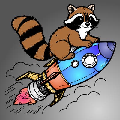 realistic raccoon flying on top rocket ship