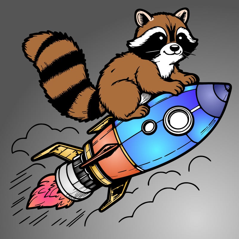 realistic raccoon flying on top rocket ship