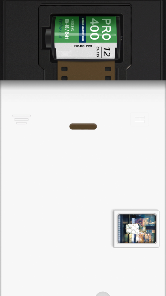 User interface of Halframe app showing a virtual film canister and camera controls for aesthetic photography