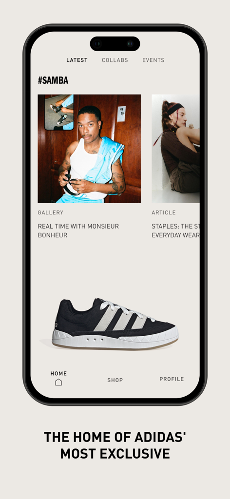CONFIRMED | Sneakers & more - Home screen of the adidas CONFIRMED app showing exclusive sneakers and style articles
