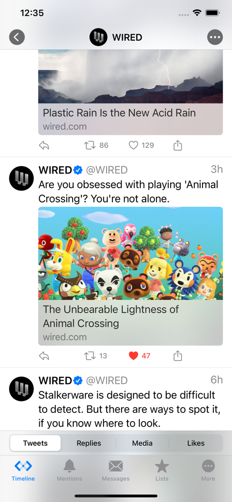 Spring for Twitter mobile app interface showing the WIRED account profile and navigation tabs.