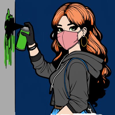 realistic girl with mask spray painting a wall