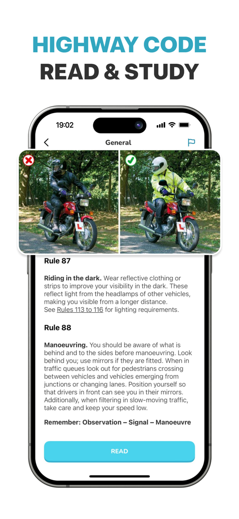 A mobile app screen showing the UK Highway Code study section with rules for motorcyclists and safety illustrations.