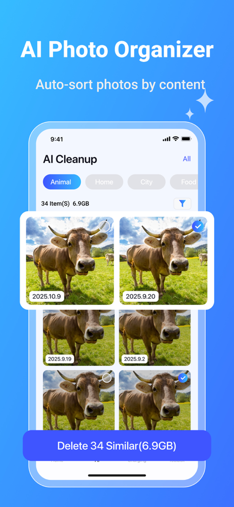 Mobile app interface showing AI photo categorization and an option to delete similar images to free up storage space