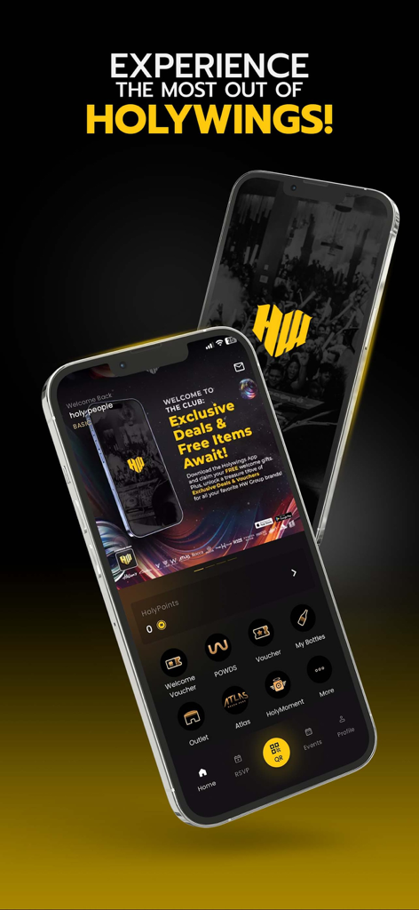 Holywings - Holywings app interface on two smartphones highlighting exclusive deals and rewards for nightlife lovers
