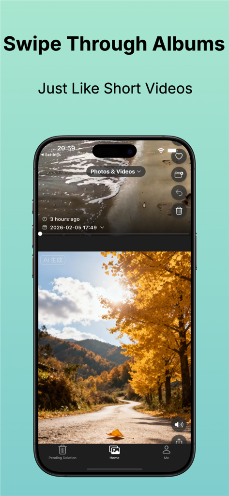 SwipeClean app screenshot showing a vertical swipe interface for cleaning photos like short videos