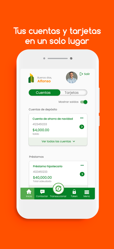 Credicorp Bank Mobile app dashboard displaying account and loan balances on a smartphone