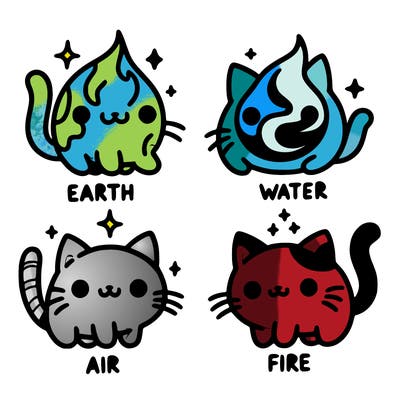 4 cats that represent the different elements, earth, water, air, and fire