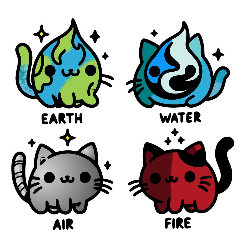 4 cats that represent the different elements, earth, water, air, and fire