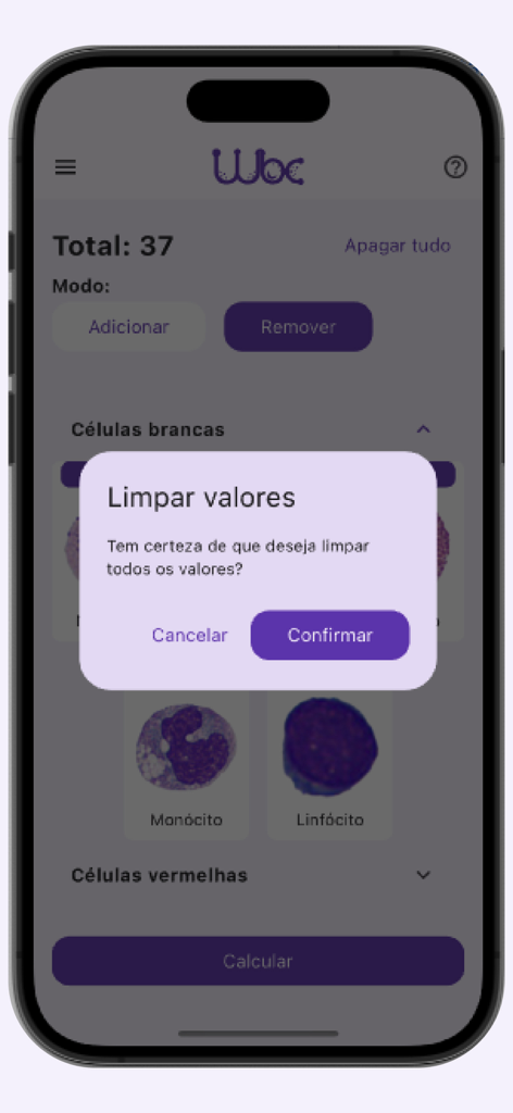 Leucogram | wbc counter - Una ventana emergente de confirmación en la aplicación Leucogram preguntando al usuario si desea confirmar la eliminación de todos los valores de recuento de glóbulos blancos.
