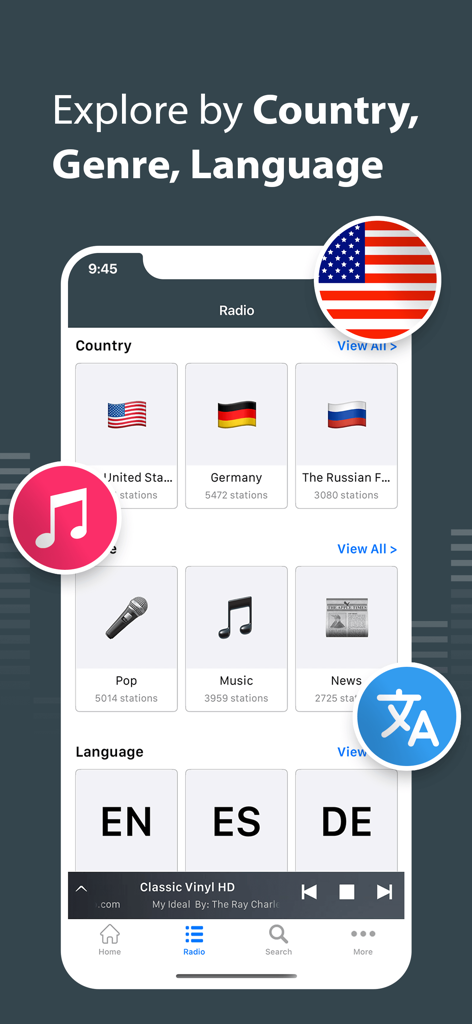 Pantalla de la aplicación Radio Tuner mostrando filtros para explorar emisoras en vivo por país, género e idioma.
